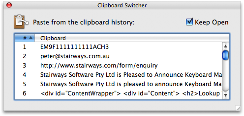 Clipboard History Switcher Window