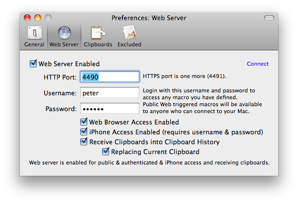 Preferences Web Server Pane